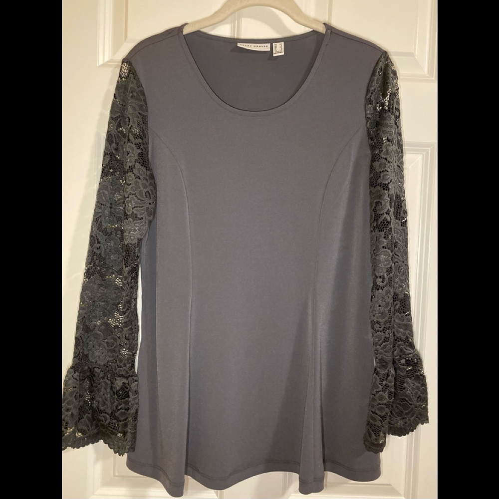 NWOT Susan Graver charcoal gray top with lace bell sleeves. - Picture 1 of 6